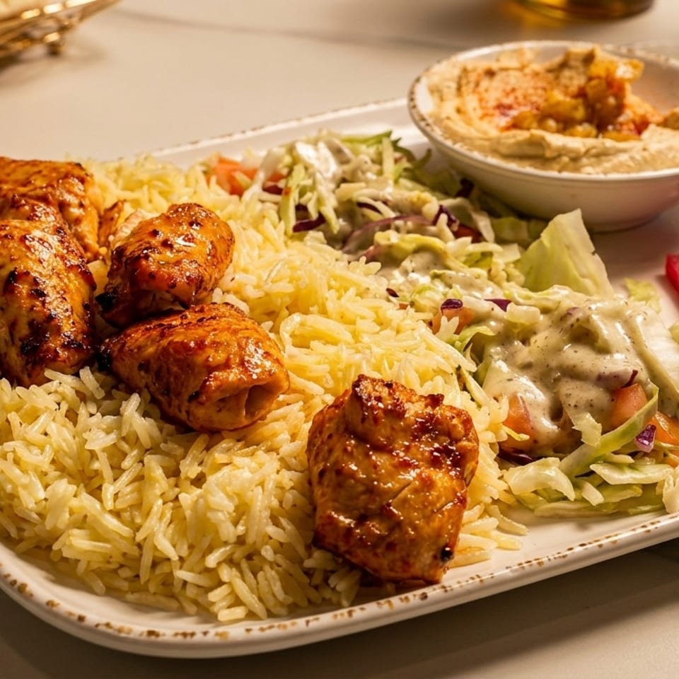 Chicken and rice platter with salad, hummus, and sauces on a white plate.