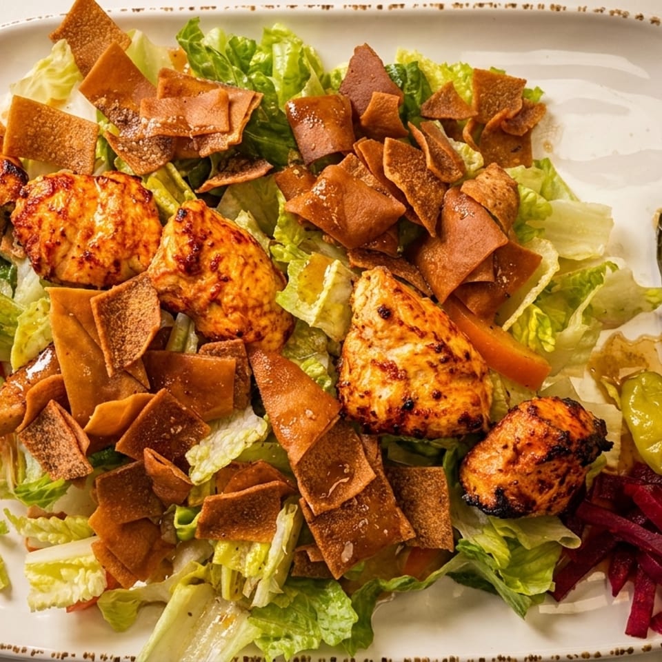 Grilled chicken pieces, lettuce, pita bread, and pickled vegetables on a white platter.