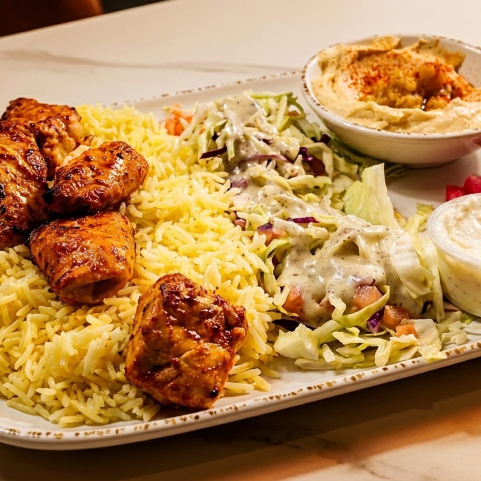 A platter of chicken shish tawook with yellow rice, salad, hummus, and tzatziki sauce.