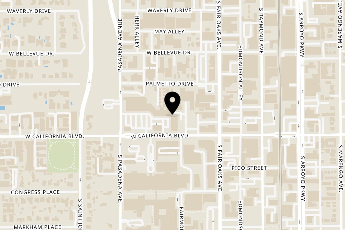 Map showing the location of Levant Mediterranean Oven and Grill on 117 W California Blvd in Pasadena